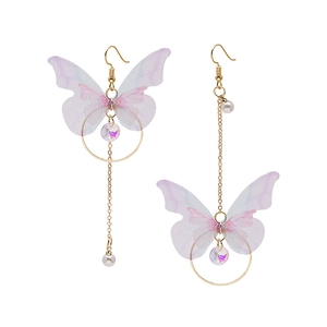 Boucles d'oreilles papillon asymétriques à pampilles, cristaux violets et perles