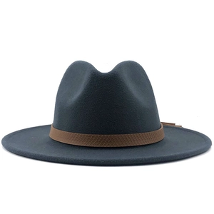 Detail of dark grey fedora wool hat featuring a premium brown snake pattern band