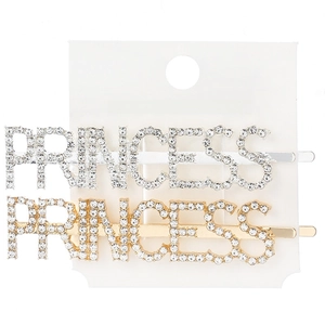 Detail of silver and gold PRINCESS hair clips with sparkling rhinestones on card