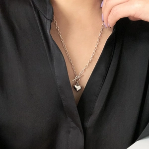 S925 sterling silver heart pendant necklace with retro large link chain and OT buckle toggle