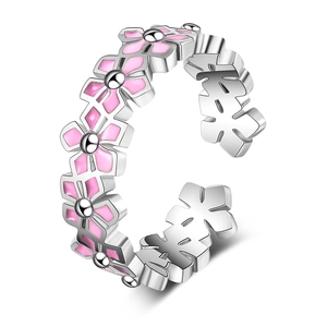 Korean Style Sweet Pink Flower Leaf Open Adjustable Copper Ring Platinum Plated Enamel Floral Finger Ring For Women Jewelry Gift