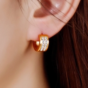 Elegant gold titanium steel hoop earrings with double row sparkling zircon on earlobe