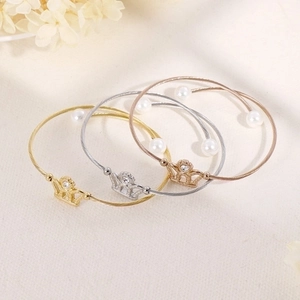 Elegant crown pearl open bracelets in gold, silver, and rose gold stainless steel