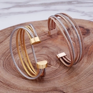 Stacked multilayer metal wire C-shape open bangle bracelets in gold and silver finish