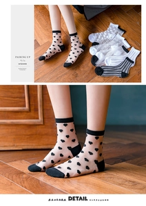 Detailed view of sheer Japanese style mesh socks with heart patterns and polka dots