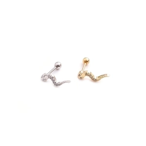 S-shaped snake ear studs in gold and silver stainless steel with sparkling zircons