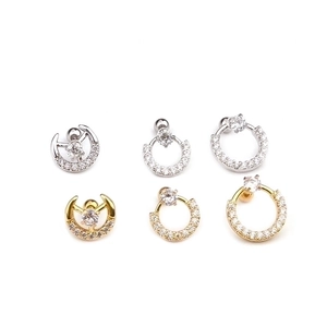 Set of gold and silver stainless steel cartilage earrings with moon and round zircon