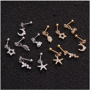 Surgical steel stud earring set with gold and silver zircon moon crown and star motifs