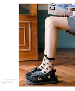 Detail of sheer ankle socks with black heart pattern paired with platform sandals