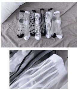 Detail of breathable sheer glass silk socks with heart and polka dot mesh patterns