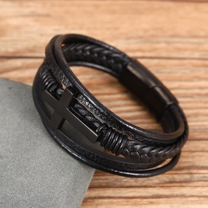 Braided black leather multilayer bracelet with cross pendant and magnetic clasp