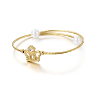 Elegant Crown Bangle Bracelet For Women Stainless Steel Twisted Cable Wire With Rhinestone And Imitation Artificial Pearl