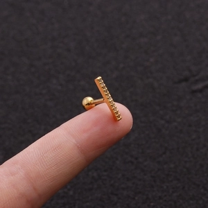 Gold stainless steel bar earrings with pavé zircon and secure screw back balls