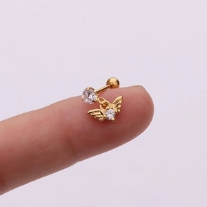Golden wing helix stud earring with clear zirconia and threaded ball back