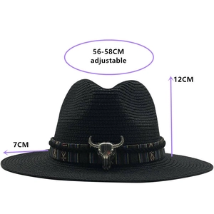 Black straw fedora hat with ethnic band and silver bull skull accent for outdoor beach sun protection