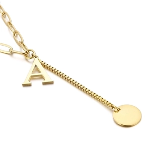 Golden stainless steel necklace featuring letter A pendant and round disc on mixed chains