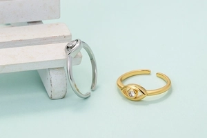 Adjustable evil eye ring for women with cubic zirconia in gold and silver finishes