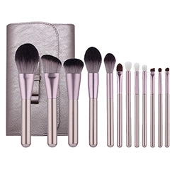 Detailed view of 12 makeup brushes with rose gold handles and a silver textured case