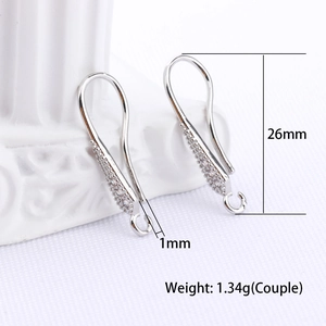 Macro view of silver-plated DIY earring hooks with zircon stones and dimensions