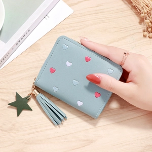 Cute mint blue PU leather wallet with heart embroidery, tassel and star charm