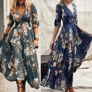 Robe longue bohème à fleurs avec col en V et taille cintrée en vert et marine