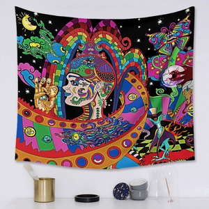 Macro shot of psychedelic bohemian tapestry with vibrant rainbow colors on white wall