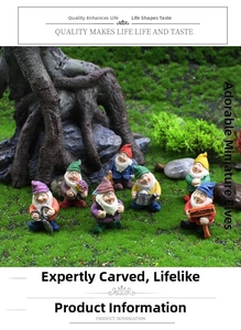 Detail view of 7 pieces garden gnome resin figurines set for micro landscape decor