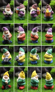 Detail view of 4 garden gnomes with tools shown from 360-degree multiple angles