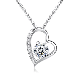 Minimalist S925 sterling silver heart pendant necklace with large round zircon on white background