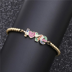 Gold beaded chain bracelet with LOVE lettering and colorful zircon micro-inlay