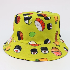 Detail of green bucket hat featuring all-over cartoon sushi prints and stitched brim