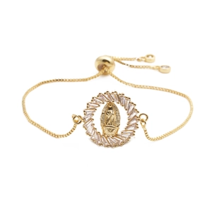 Adjustable gold plated religious bracelet with cubic zirconia and Virgin Mary pendant