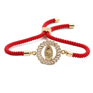 Brazilian style red woven rope bracelet with gold Virgin Mary pendant and colorful zircons