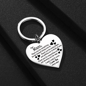 Polished heart-shaped stainless steel keychain with engraved Mother's Day message