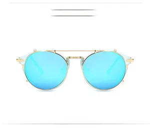 Front view of round metal sunglasses with blue mirrored lenses and double bridge design