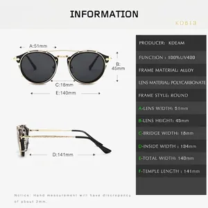 Round retro sunglasses with gold alloy frame and size guide for outdoor UV400 protection