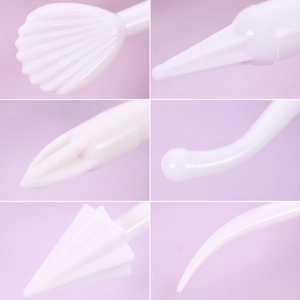 Detail shots of 8-piece white plastic pottery tools for clay modeling and DIY carving