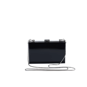 Modern black acrylic clutch bag with shiny mirror finish and silver snake chain strap