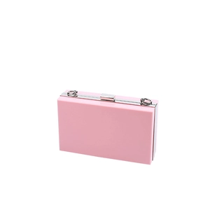 Pink minimalist acrylic square clutch bag with silver metal frame and push lock closure