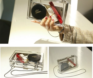 Internal capacity of transparent acrylic box clutch showing phone, lipstick and chain