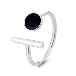 Minimalist silver open ring with black circular enamel and sleek geometric bar design