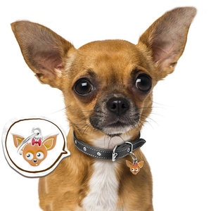 Close-up of a cartoon Chihuahua pet tag with a red bow and shiny metal ring attachment