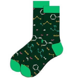 Detail of dark green science socks showing colorful chemical formulas and formulas graphics