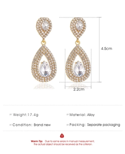 Detailed size chart showing 4.5cm luxury teardrop earrings with pave zircons and gold finish