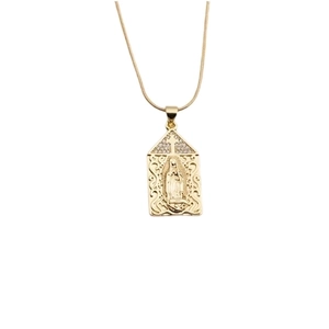 Gold religious necklace featuring rectangular Virgin Mary pendant and zircon cross