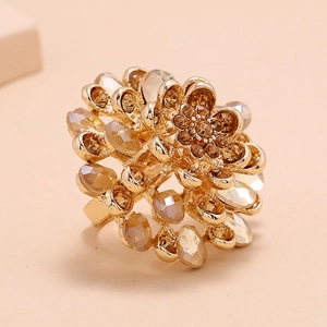 Luxurious gold crystal flower ring with champagne petals in a layered vintage design