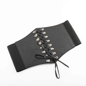 Fashionable black elastic corset belt with faux leather lace-up front and metal eyelets