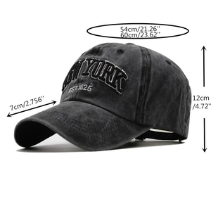 Detail showing the New York embroidery with head size measurements for washed cotton cap