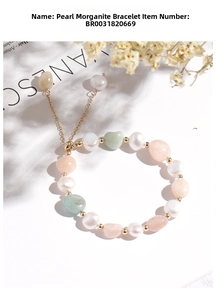 Detailed macro of the freshwater pearl and morganite bracelet with golden spacer beads