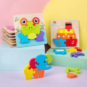 3D wooden animal puzzle for kids featuring colorful frog, ship and elephant shapes